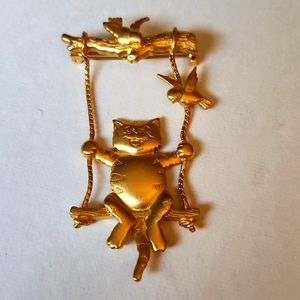 Signed "JJ" Jonette Jewelry,  Cat Pin On Swing w/ birds, VTG.